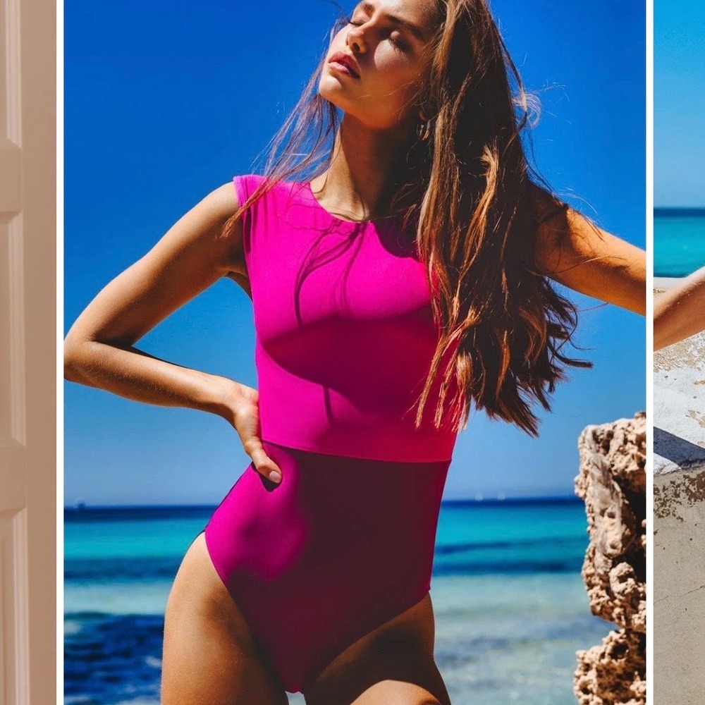 Aava Swim Pink Magenta Colorblock One Piece Swimsuit Back Zip Size S
